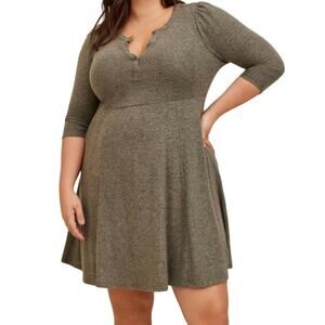 Torrid Super Soft Plush Puff Sleeve Mini Skater Dress in Dusty Olive